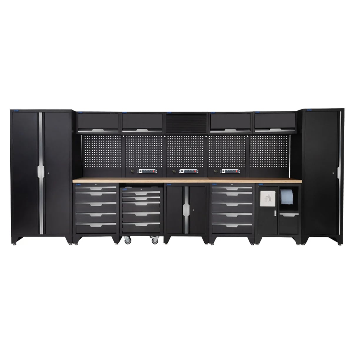 SGS 17pc Garage Storage System | 15 Drawers | Pressed Wood Worktop | Tall Single & Double Cabinets | Bin Unit | Floor Cabinet | 5x Upper Cabinets | 3x Pegboards with Power Strip